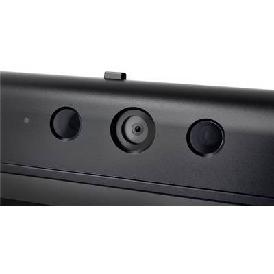 Nahaufnahme einer Laptop-Webcam mit drei Linsen und einem Lichtsensor. Die zentral platzierte Hauptlinse ist von zwei weiteren Linsen flankiert.