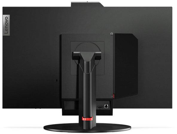 Rückseite eines Lenovo-Monitors mit schwarzem Gehäuse, integriertem Kabelmanagement und Anschlüssen.