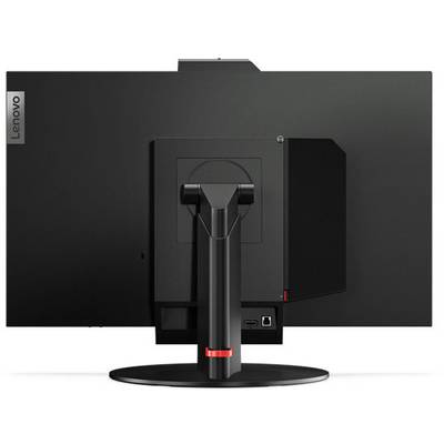 Rückseite eines Lenovo-Monitors mit schwarzem Gehäuse, integriertem Kabelmanagement und Anschlüssen.