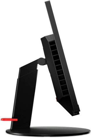 Ein schwarzer Monitor von der Seite, aufrechtstehend auf einem runden Sockel, mit einem roten Detail am Standfuß.