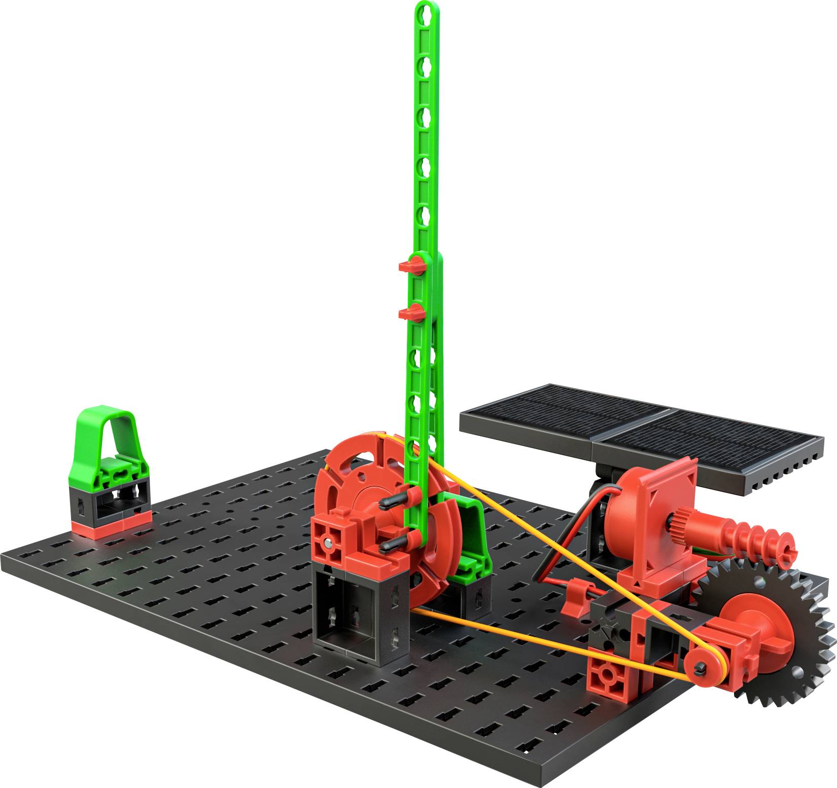 Ein pädagogisches Modell, das den Antrieb eines kleinen Mechanismus mit Zahnrädern und Riemen zeigt, mit einer Solarpanel-Attrappe rechts.