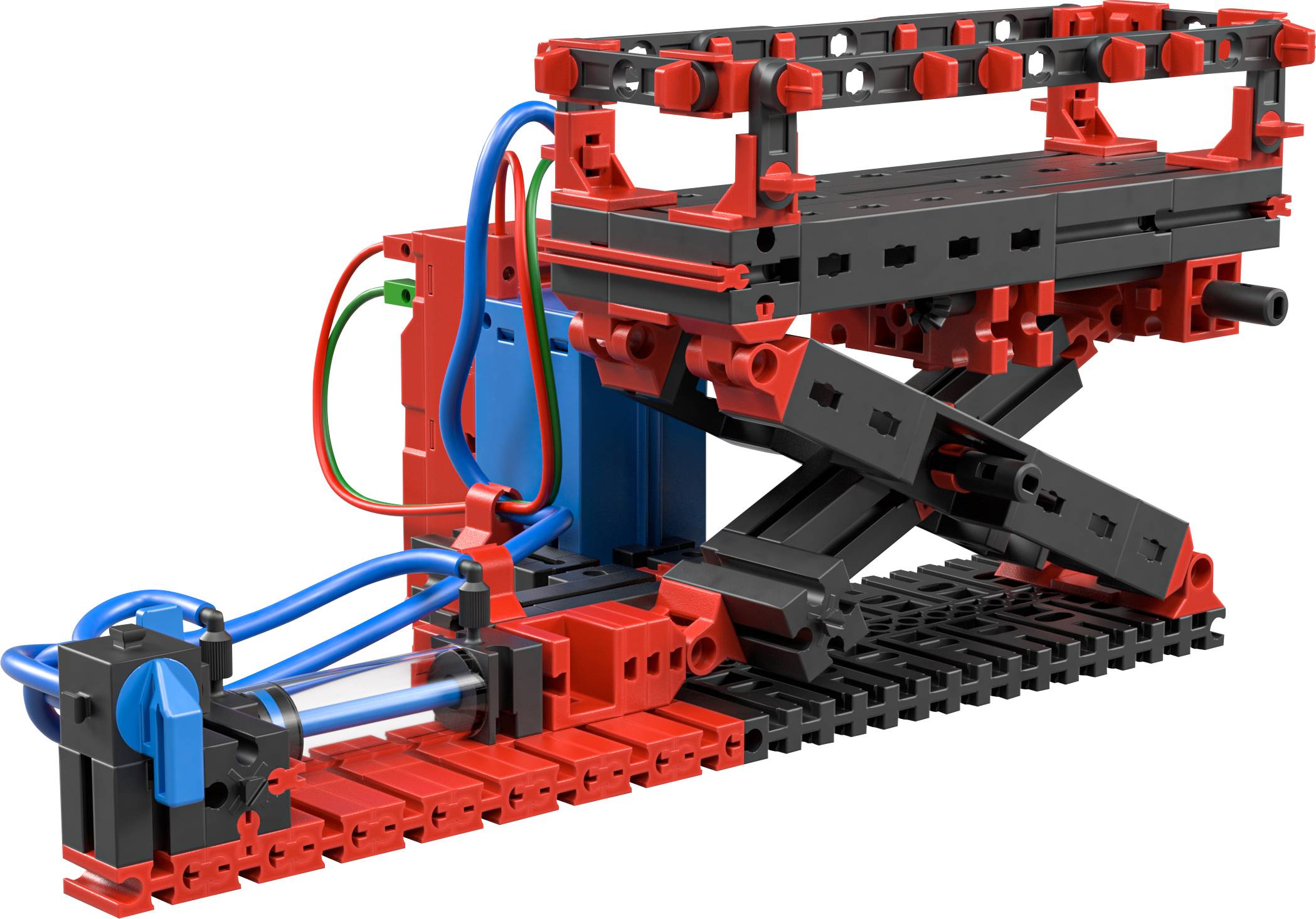 Ein rotes und schwarzes mechanisches Modell mit Hebelarmen und blauen Schläuchen, das einen Hubmechanismus darstellt.
