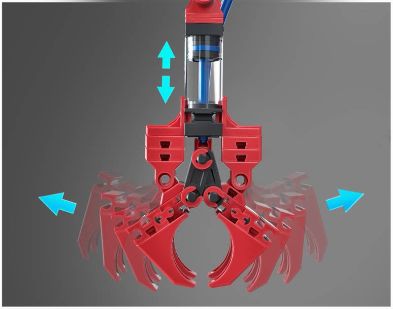Eine rote, mechanische Greifklaue, die von einem blauen Zylinder bewegt wird. Pfeile zeigen die Bewegungsrichtung nach oben und seitlich.