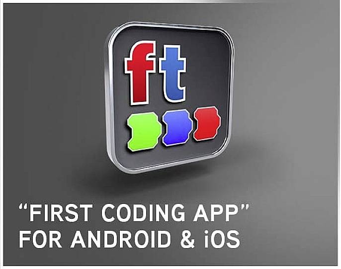 Ein Logo mit den Buchstaben 'ft' in Rot und Blau und drei Farbblöcken darunter. Text: 'First Coding App for Android & iOS'.