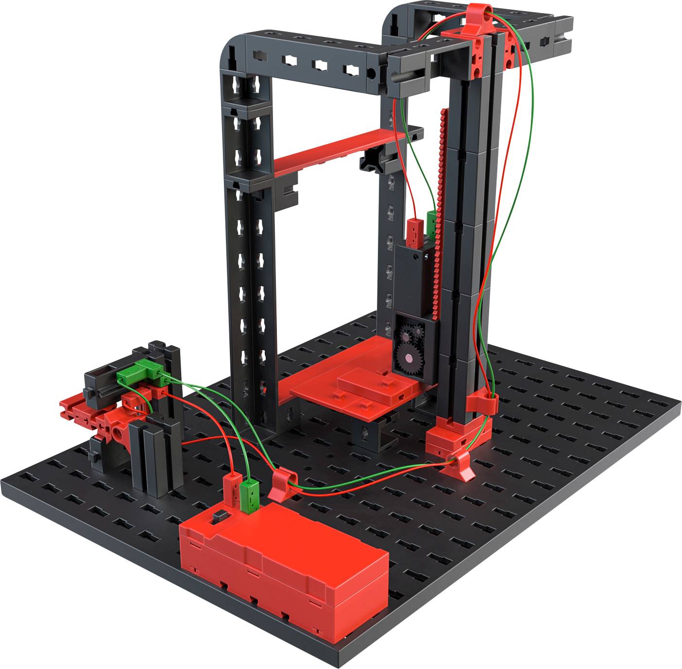 Ein modularer Bausatz aus roten und schwarzen Bausteinen zeigt ein mechanisches Modell mit Schienen und Kabeln auf einer Basisplatte.