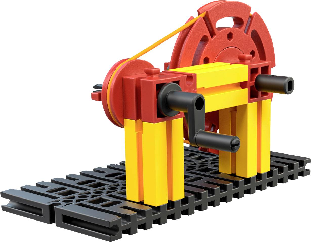 Ein farbiges Modell einer mechanischen Hebevorrichtung mit einer Kurbel und Seil, steht auf einer strukturierten Basis.