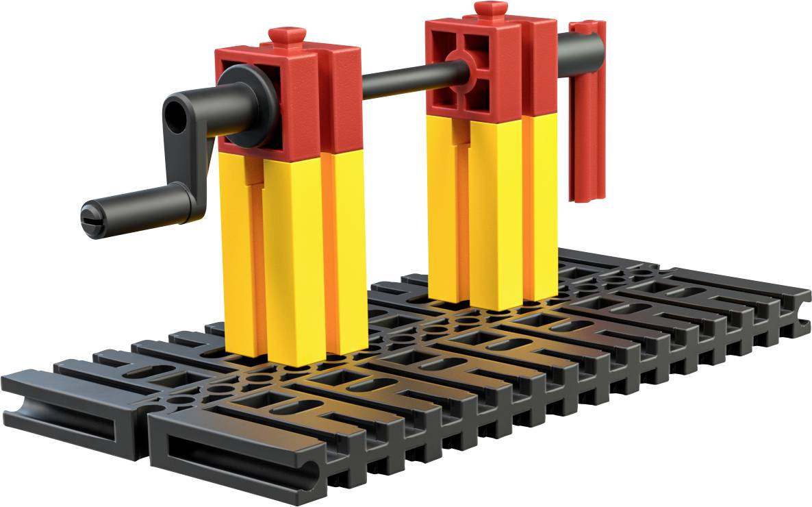 Ein detailliertes LEGO-Modell einer Maschinenpresse mit gelben und roten vertikalen Elementen und beweglichem Kurbelarm auf schwarzer Basis.