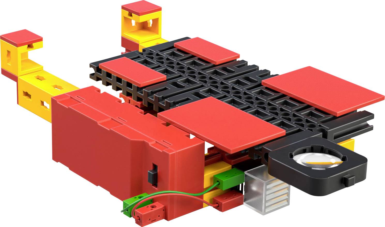 Ein farbenfrohes, modulares Konstruktionsspielzeug mit roten, gelben und schwarzen Teilen, möglicherweise für Bau oder Elektronik.