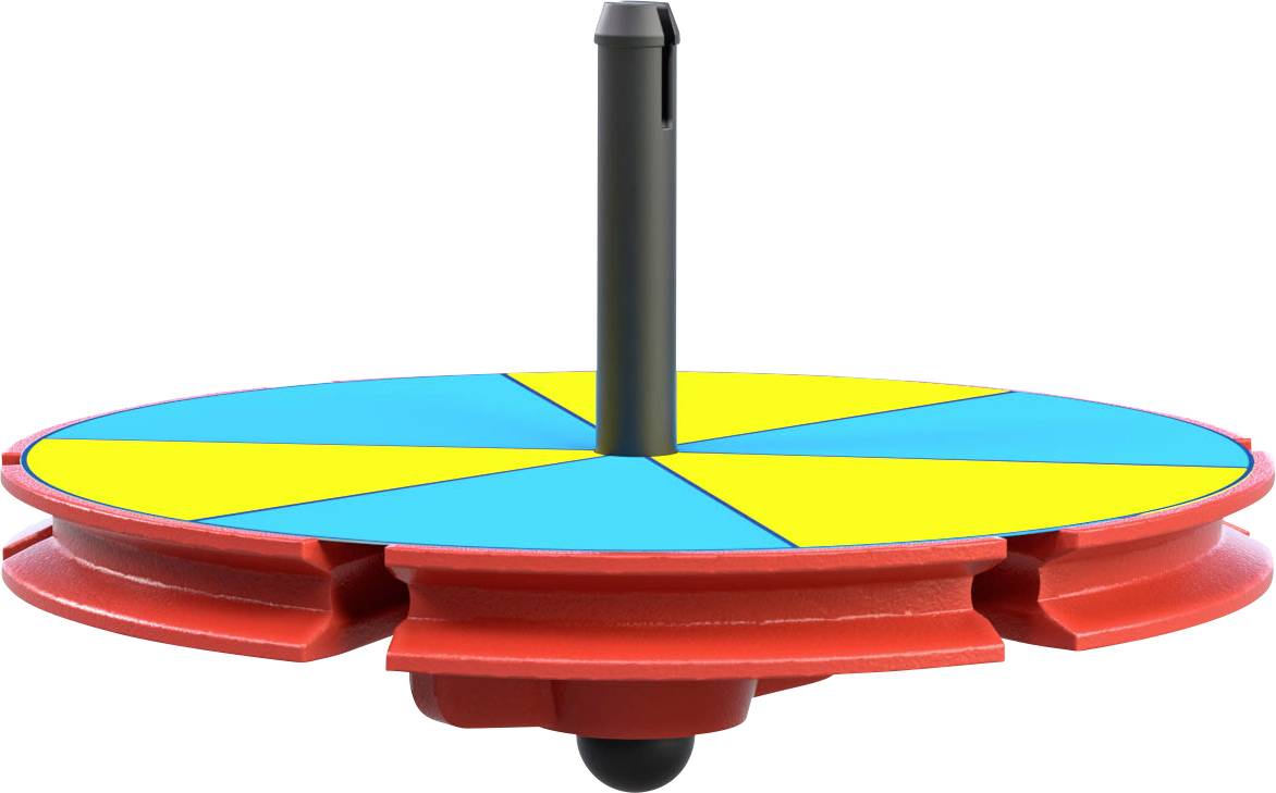 Ein rotes Kreiselspielzeug mit gelben und blauen Segmenten auf der Oberseite, zentriert um einen schwarzen Stab.