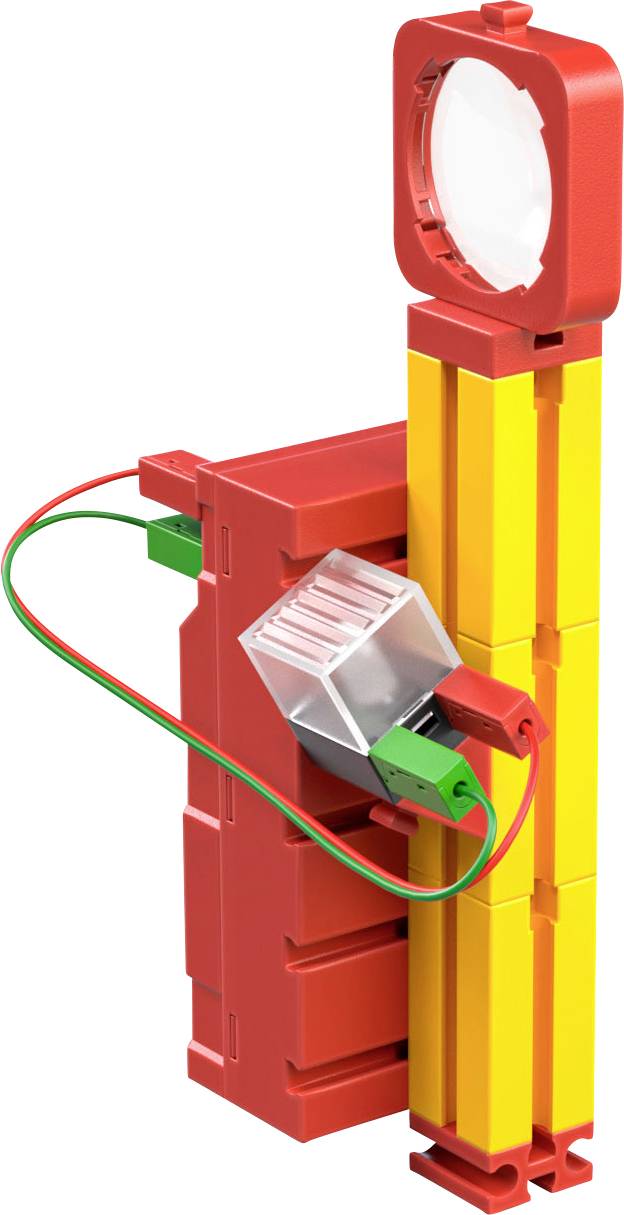 Ein roter und gelber LEGO-Bausatz mit einem roten runden Element oben und einem Kabel, verbunden mit einem kleinen grauen Bauteil.