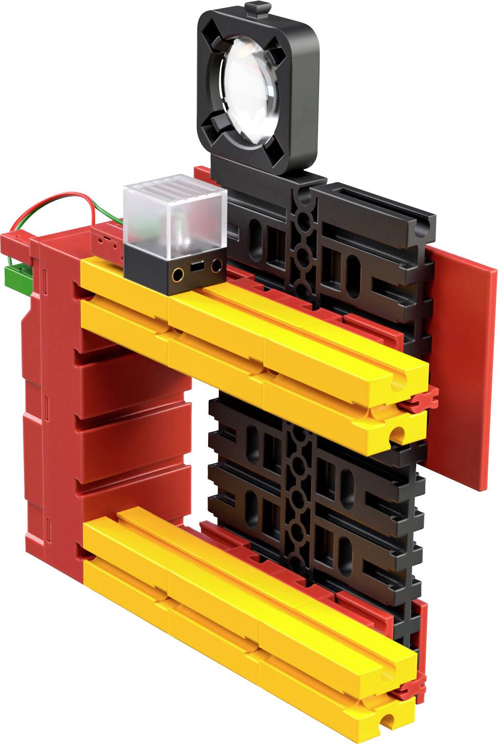 Ein kunstvoll zusammengesetztes Konstruktionsspielzeug in Rot, Gelb und Schwarz mit integriertem Licht. Geeignet für kreative Bauprojekte.