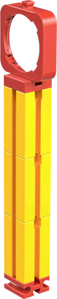 Hochformatige Plastikfigur in Gelb und Rot mit rechteckigen Elementen; obere und untere Abdeckung in Rot.