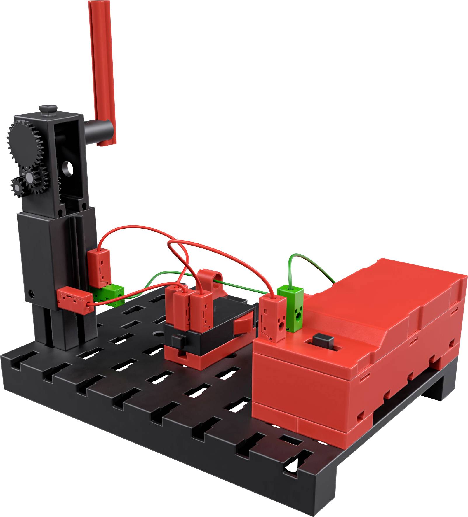 Eine schwarze Plattform mit roten und grünen Kabeln, verbunden mit einem mechanischen Arm und einem großen roten Batteriemodul.
