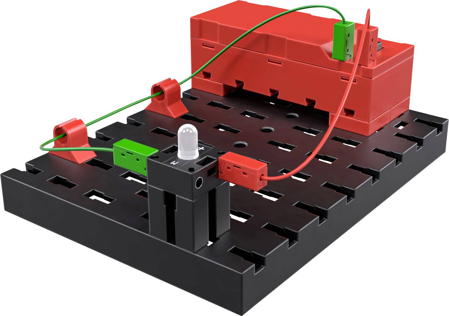 Ein einfacher Stromkreislauf mit einem roten Batteriefach, einem LED-Licht und Kabeln auf einer schwarzen Platte. Elektronik-Lernset.