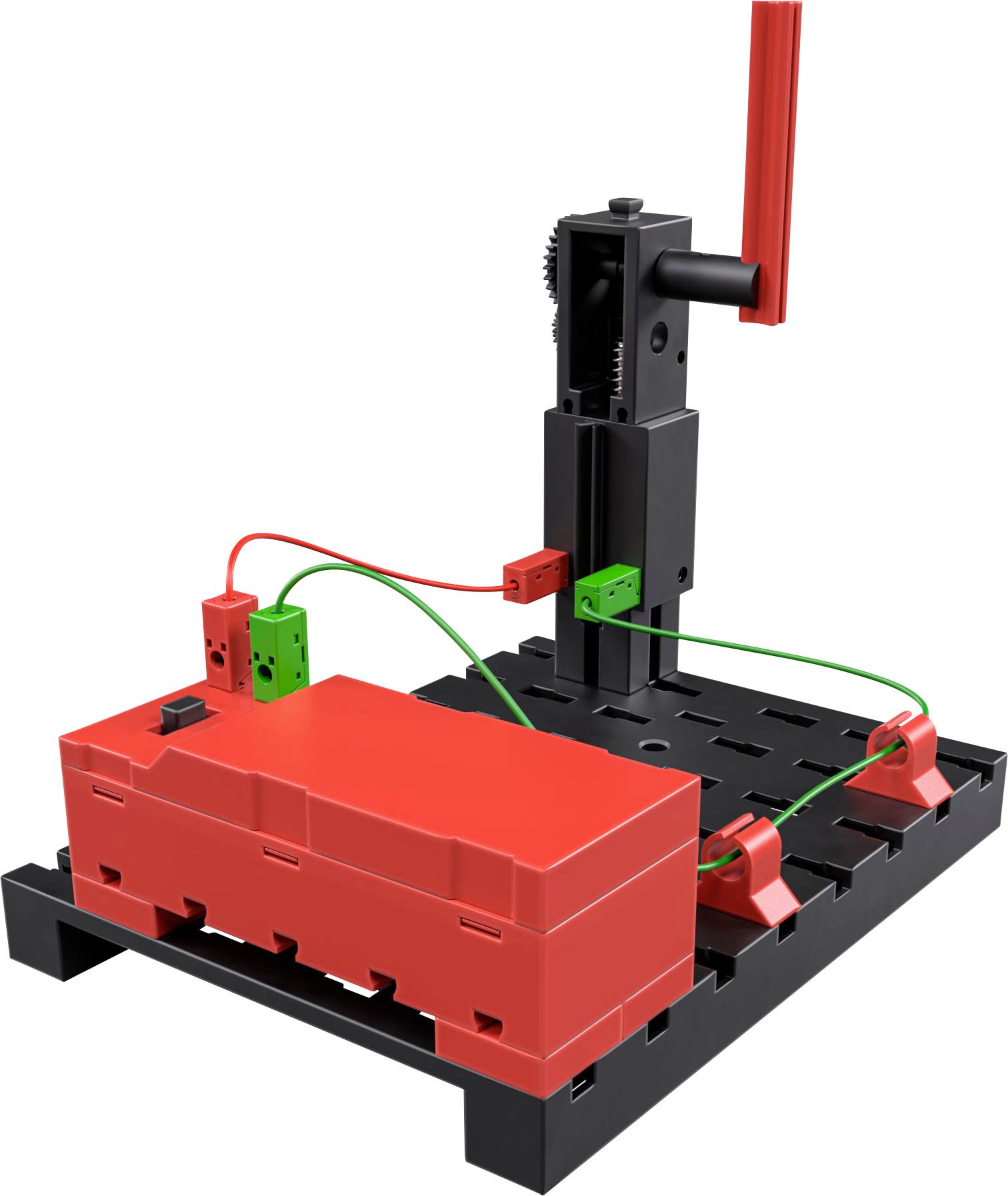 Ein rotes mechanisches Modell mit Hebel und Verkabelung auf schwarzer Basis, wahrscheinlich ein Lernwerkzeug für technische Experimente.