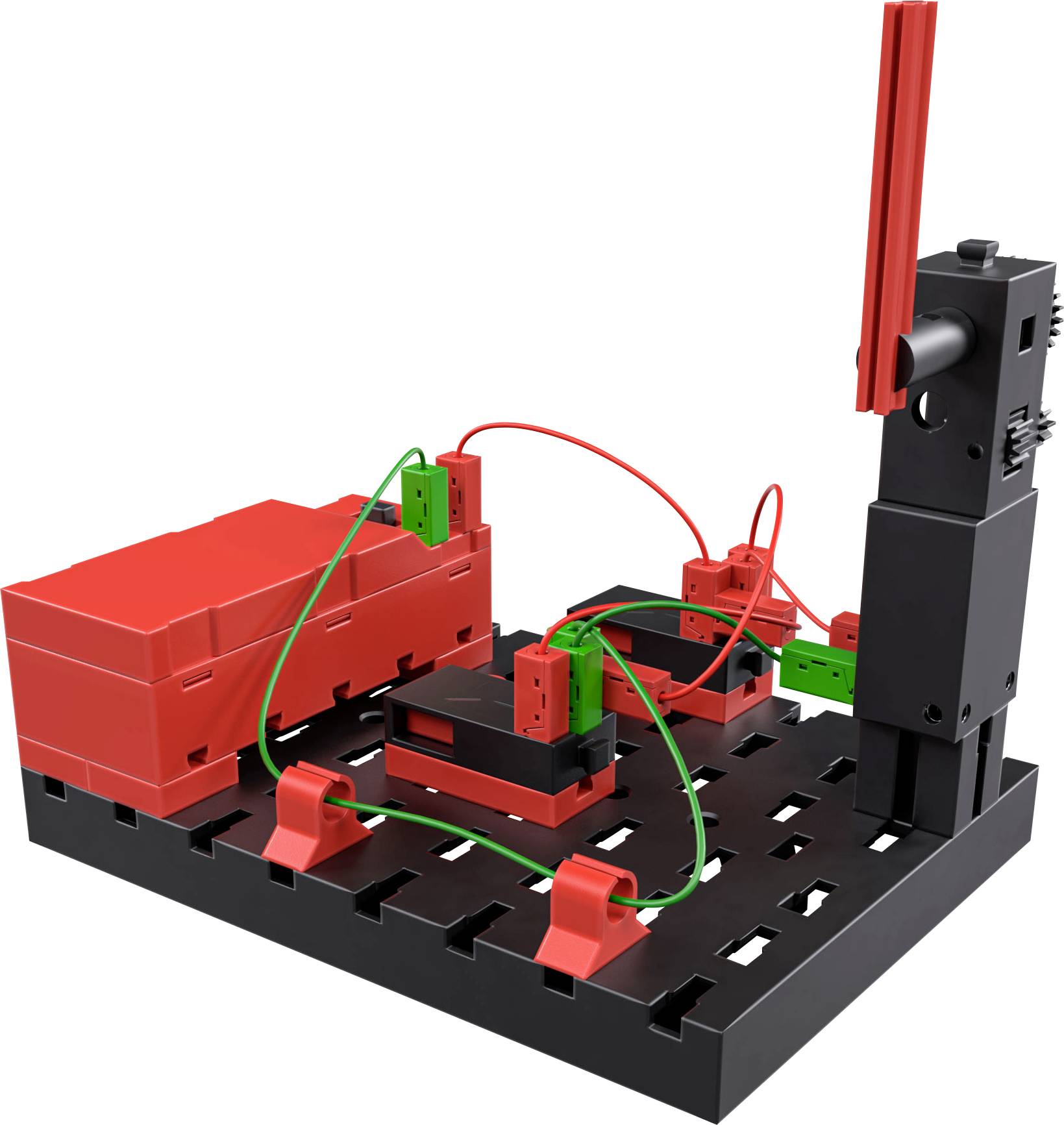 Ein Modell eines elektrischen Schaltkreises mit roten und grünen Kabeln, montiert auf einer schwarzen Plattform mit roten Komponenten.