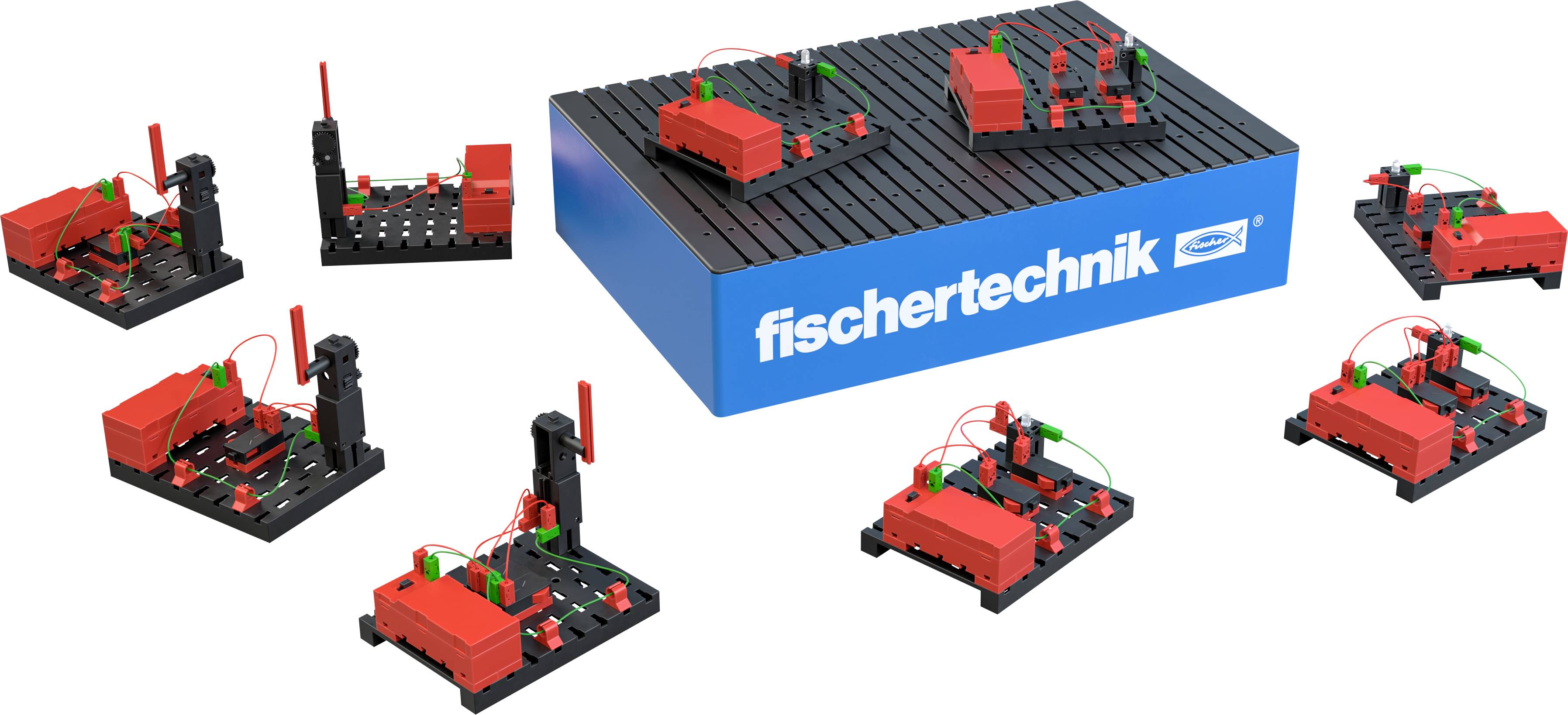 'Fischertechnik'-Baukasten für elektronische Modelle mit roten und schwarzen Teilen. Verschiedene aufgereihte Schaltungen zeigen Anwendungsbeispiele.
