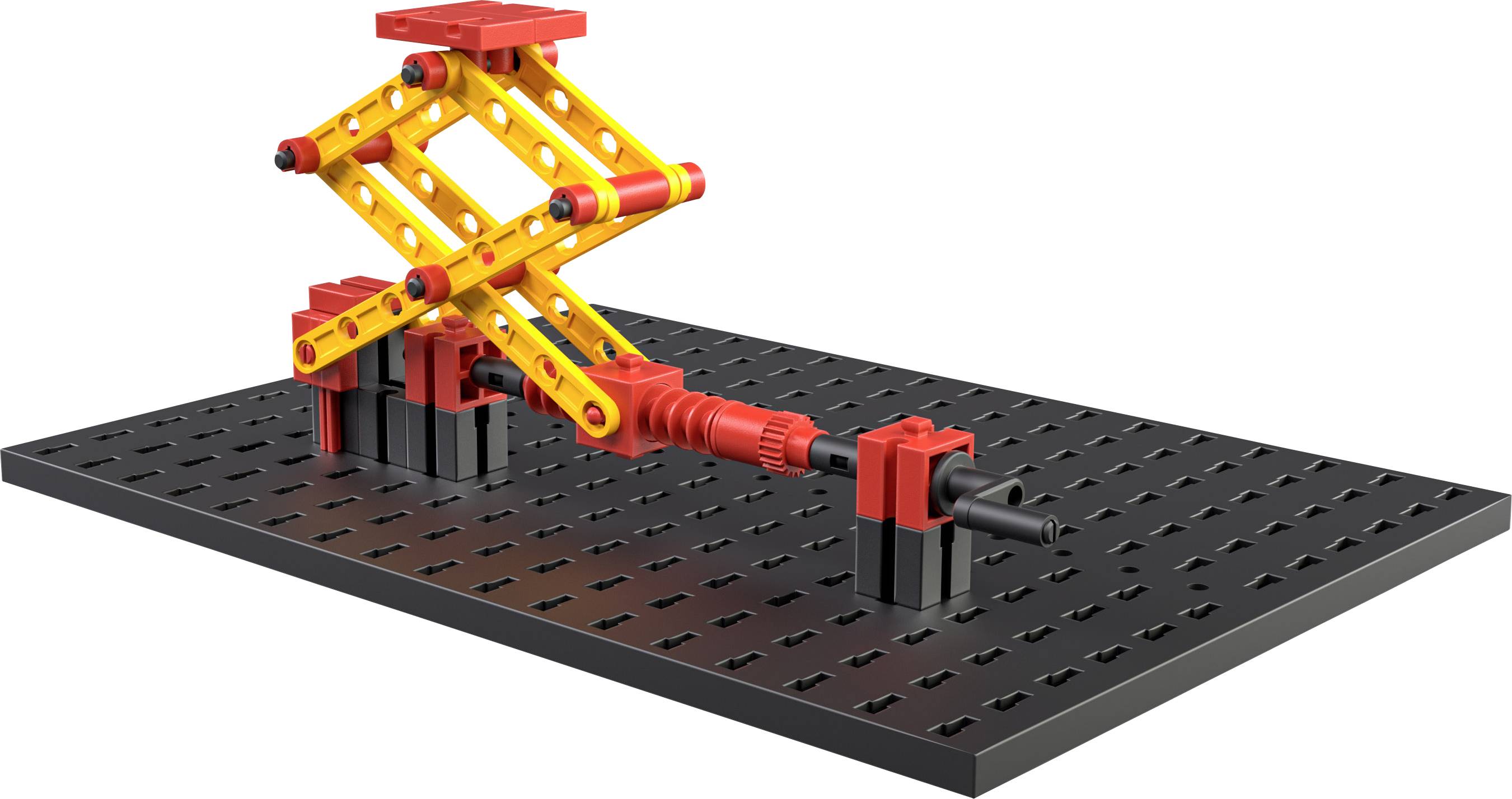 Ein Modellbau-Set aus roten und gelben Plastikbauteilen zeigt eine Scherenhebebühne auf schwarzer Basis, die eine Hebevorrichtung darstellt.