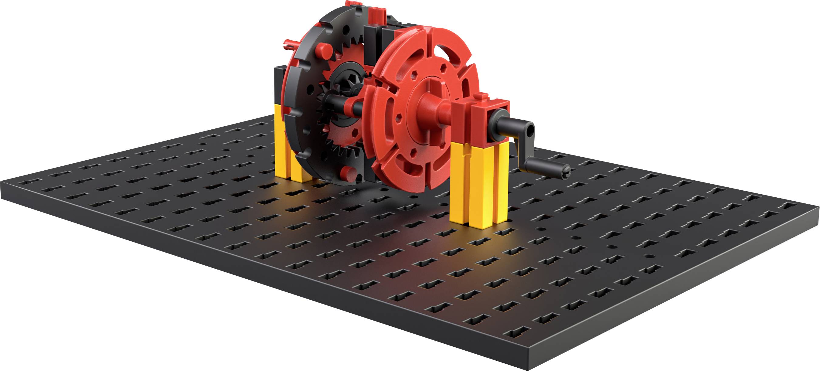 Eine rote und schwarze mechanische Struktur auf einer schwarzen Plattform mit gelben Säulen, vermutlich ein Modell oder Getriebeprototyp.