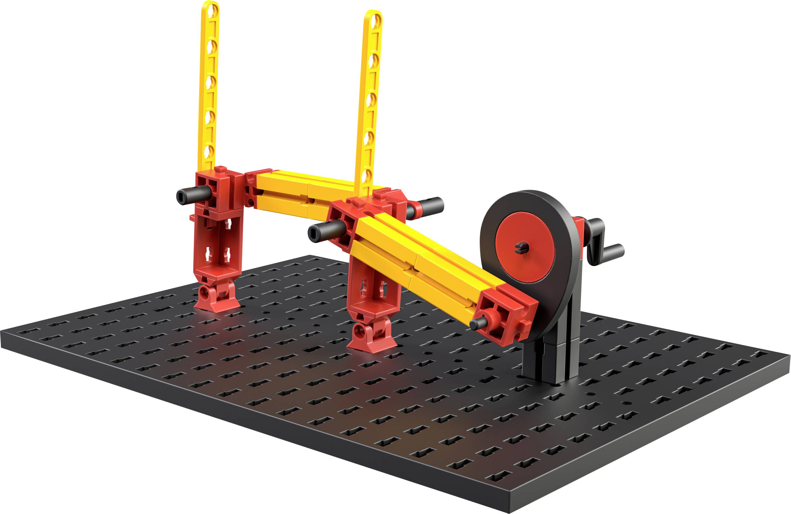 Mechanisches Modell mit gelben und roten Armen auf schwarzer Basis, verstellbare Hebel, möglicherweise für Bau- oder Lernzwecke.