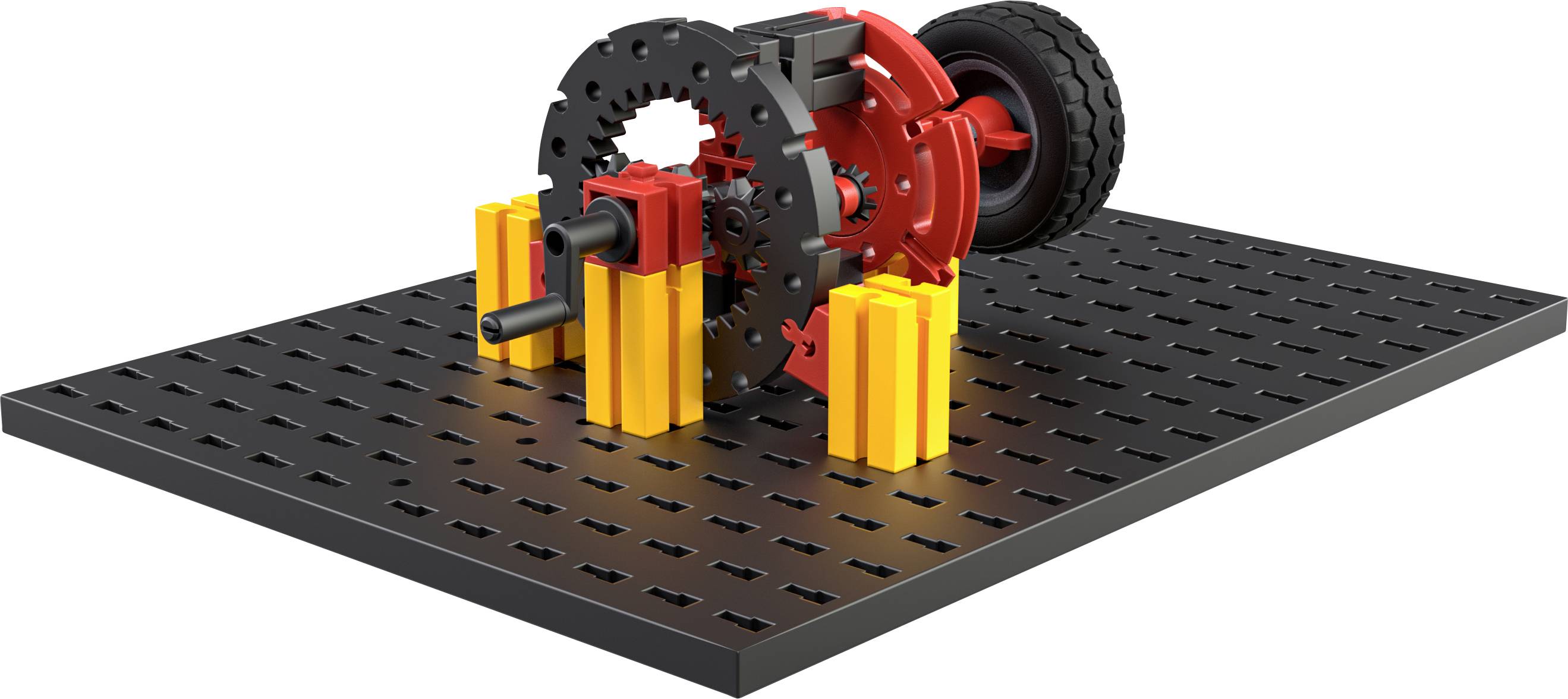 Ein mechanisches Modell aus bunten Bausteinen zeigt ein Zahnrad mit Kurbel. Es ist auf einer rechteckigen schwarzen Basis montiert.