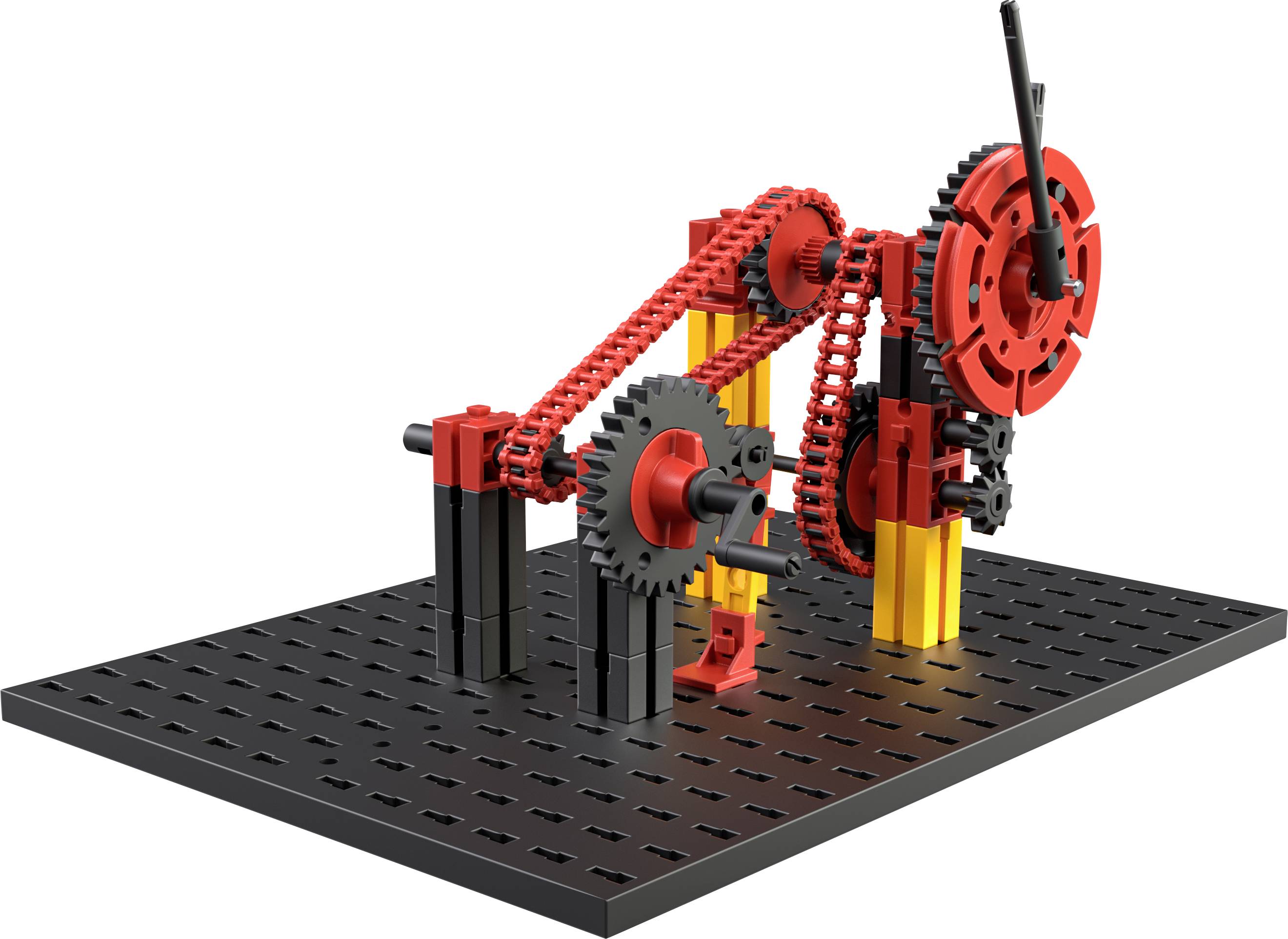 Ein Ketten-Getriebe-Modell mit Zahnrädern und Kettenverbindungen auf einer schwarzen Plattform, zeigt mechanische Bewegungsübertragung.