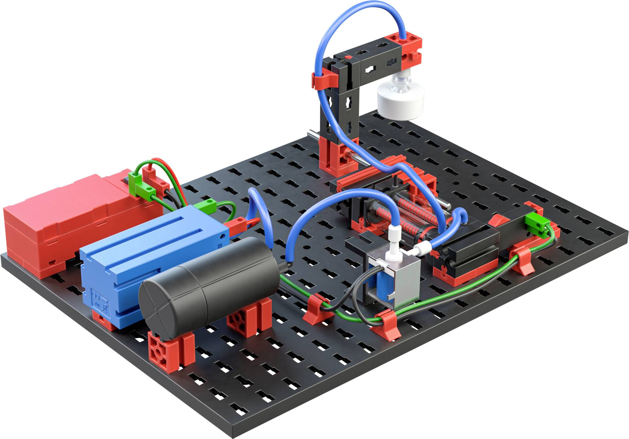 Ein schwarzes Steckbrett mit verschiedenfarbigen elektrischen Komponenten und Schläuchen, die ein technisches Schaltkreis-Setup darstellen.