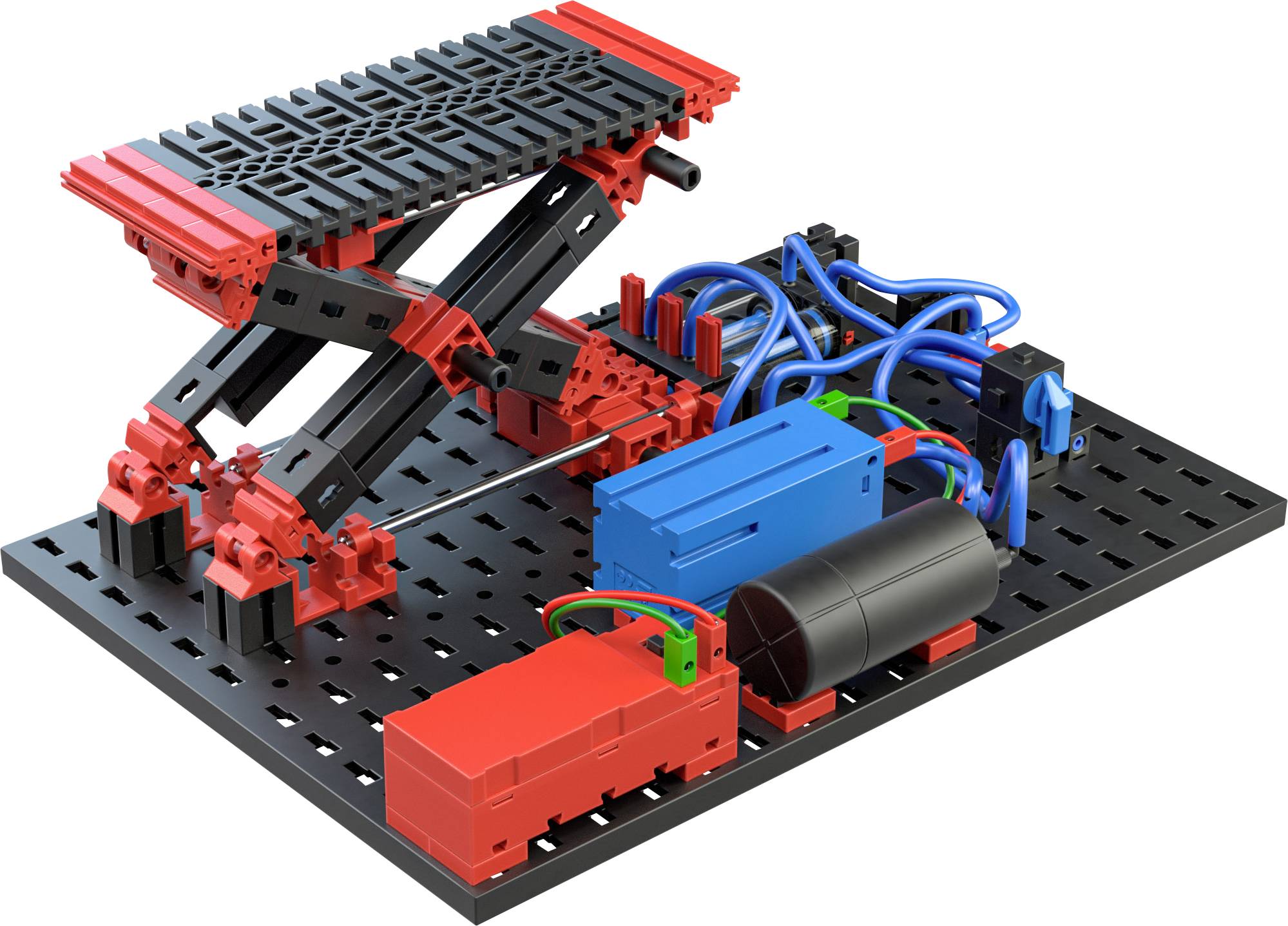 Ein Modell einer Hebebühne aus Bausteinen mit blauen Kabeln und motorisierten Komponenten auf einer perforierten Platte.