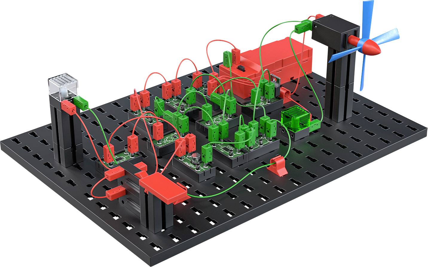 Ein Elektronikbaukasten mit roten und grünen Kabeln, einer roten Batteriebox und einem blauen Propeller auf schwarzer Basis.