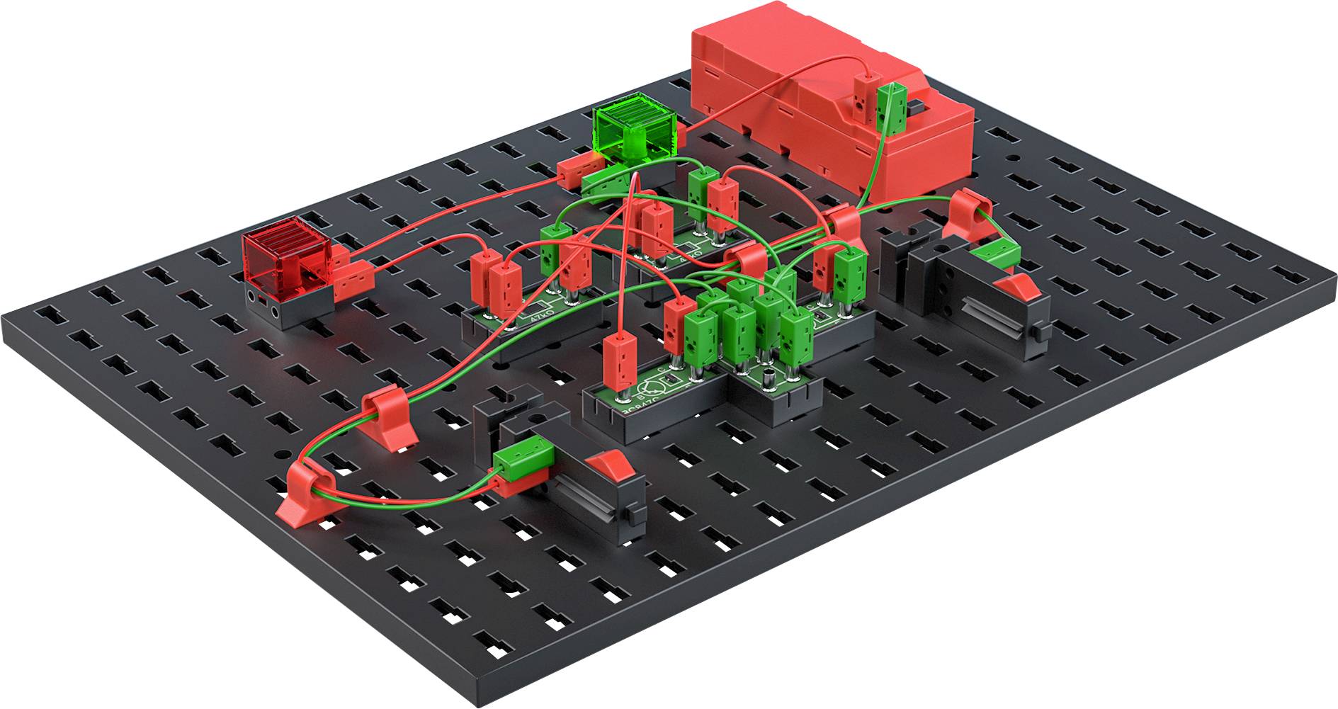 Elektronik-Simulationsbrett mit roten und grünen Komponenten, verkabelt auf einer schwarzen Basisplatte; zeigt eine Schaltung.