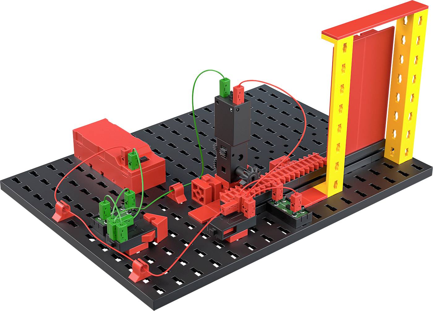 Experimentierbaukasten mit Kabeln und elektronischen Bauteilen auf einer schwarzen Platte, zeigt Grundlagen der Elektronik.