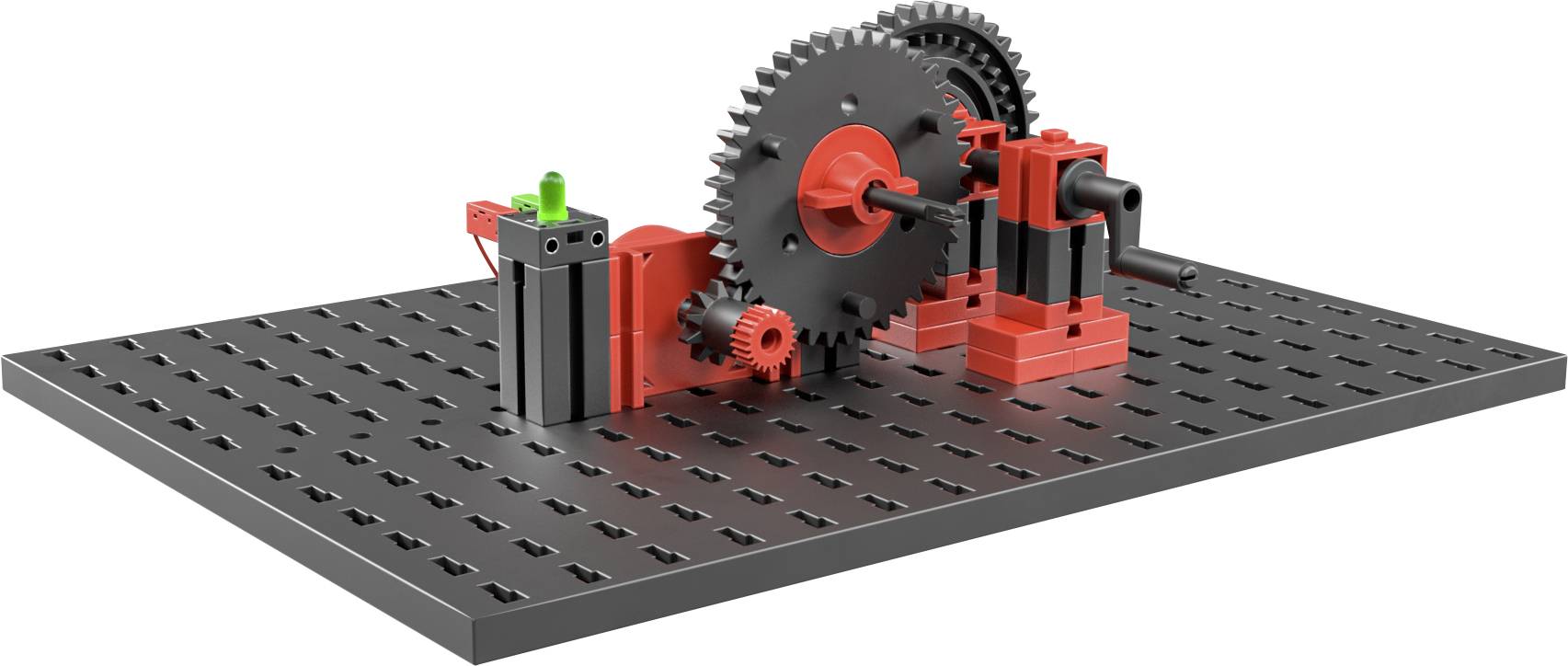 Ein Zahnradsystem mit mehreren roten und grauen Zahnrädern auf einer schwarzen Lochplatte, das mechanische Abläufe darstellt.