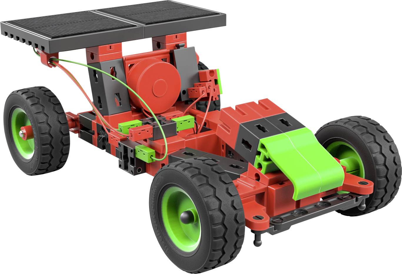Ein Spielzeugauto mit roten und grünen Bauteilen, das mit einem Solarpanel oben ausgestattet ist.