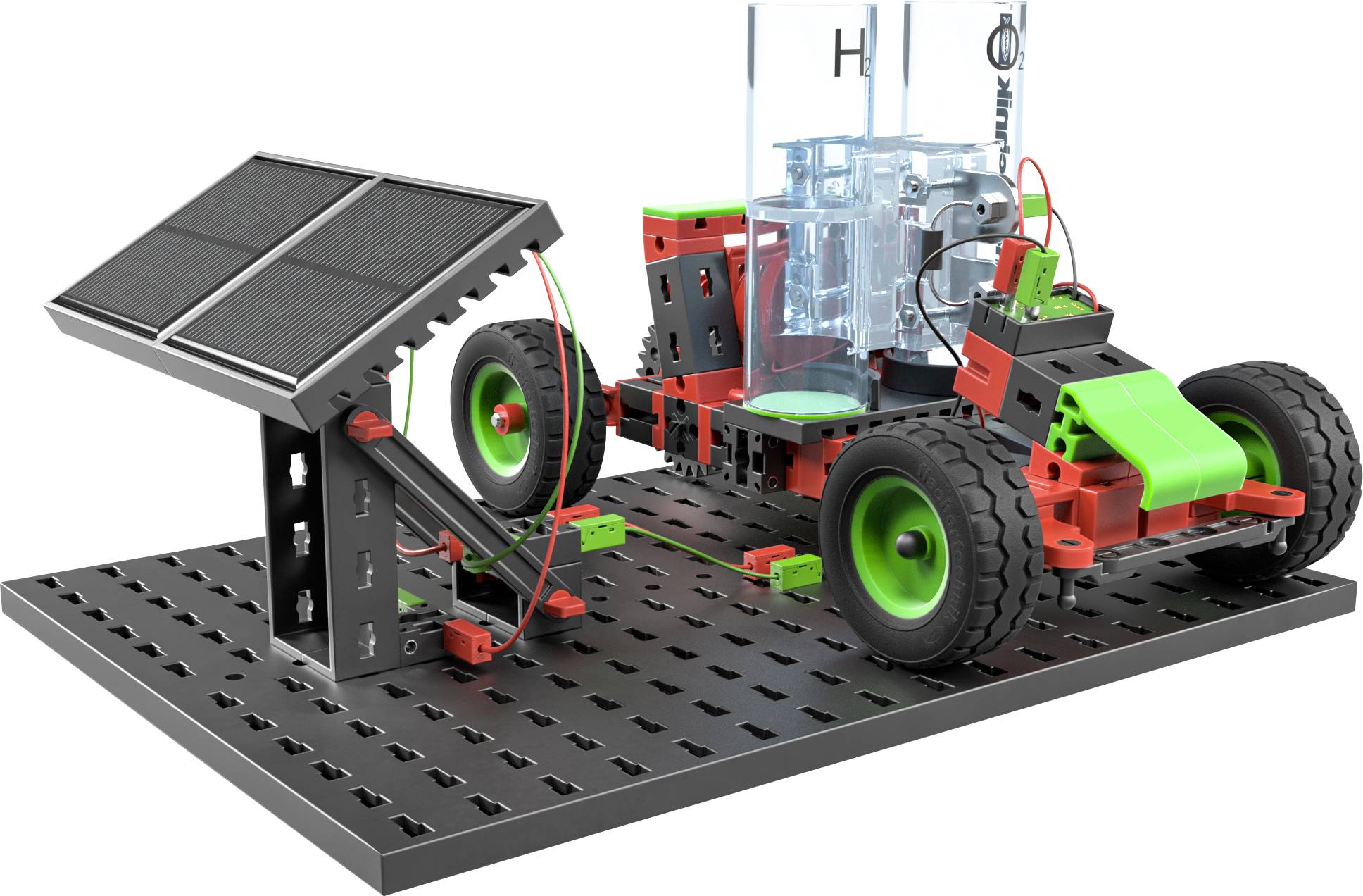 Ein kleines Fahrzeugmodell mit Wasserstofftank und Solarpanel auf einer Plattform. Veranschaulicht erneuerbare Energiequellen.