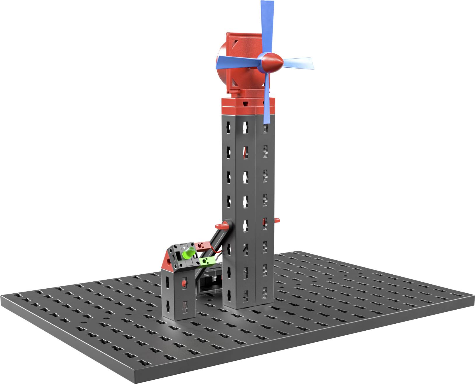 Ein Modell eines Windturbinenbausatzes mit rotem Turm und blauen Rotorblättern auf einer schwarzen Plattform, geeignet für Technikexperimente.