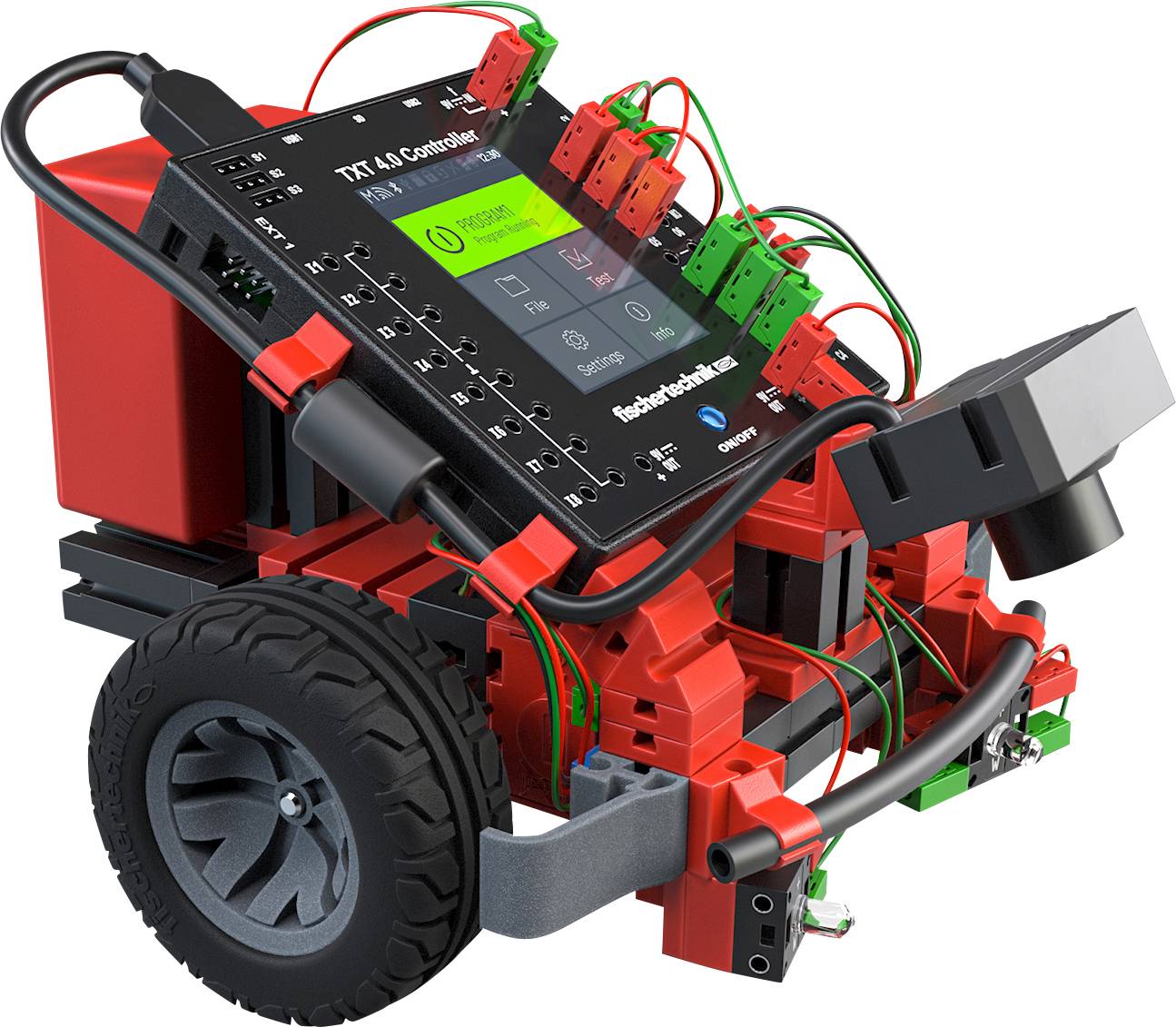Mobiler Lernroboter mit Sensoren, Rädern und einem Display. Wird zur Programmierung und Robotik-Ausbildung verwendet.