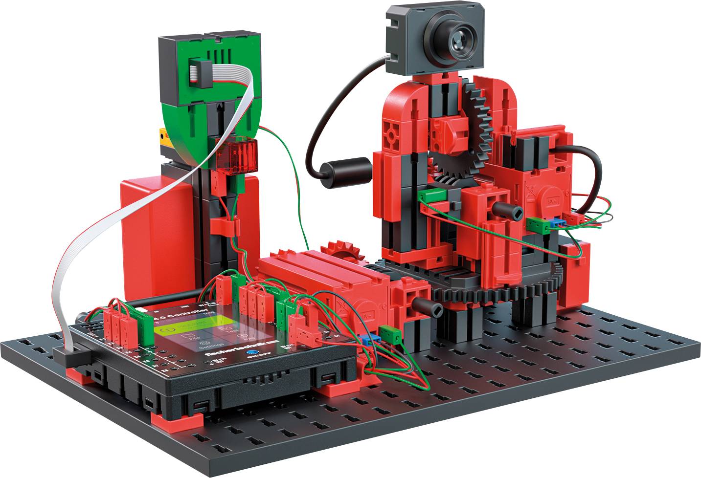 Ein Konstruktionsspielzeug-Set zeigt einen mechanischen Aufbau mit Zahnrädern und Sensoren, das auf einem schwarzen Sockel montiert ist.