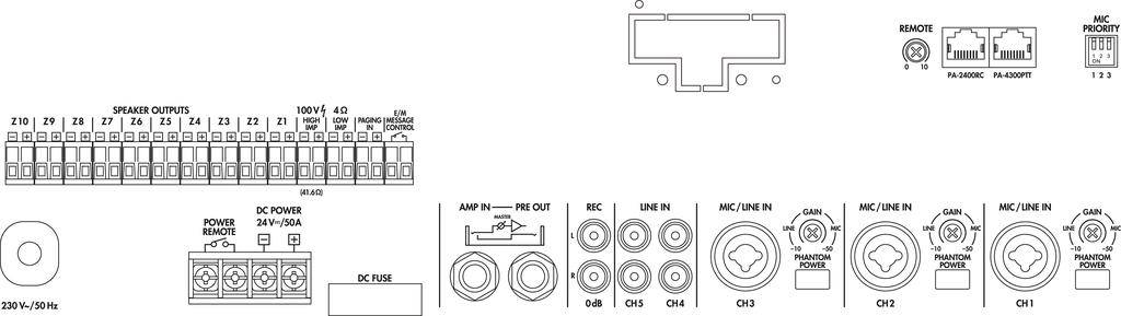 'Schaltplan eines elektronischen Geräts mit mehreren Anschlüssen wie Lautsprecherausgänge, Mikrofoneingänge und Netzteilverbindungen.'