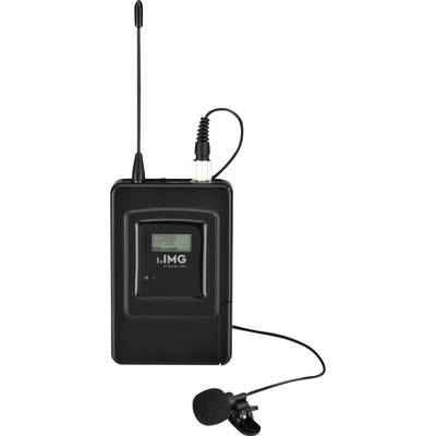 Bodypack-Sender mit Ansteckmikrofon, geeignet für drahtlose Audioübertragung bei Präsentationen oder Bühnenauftritten.