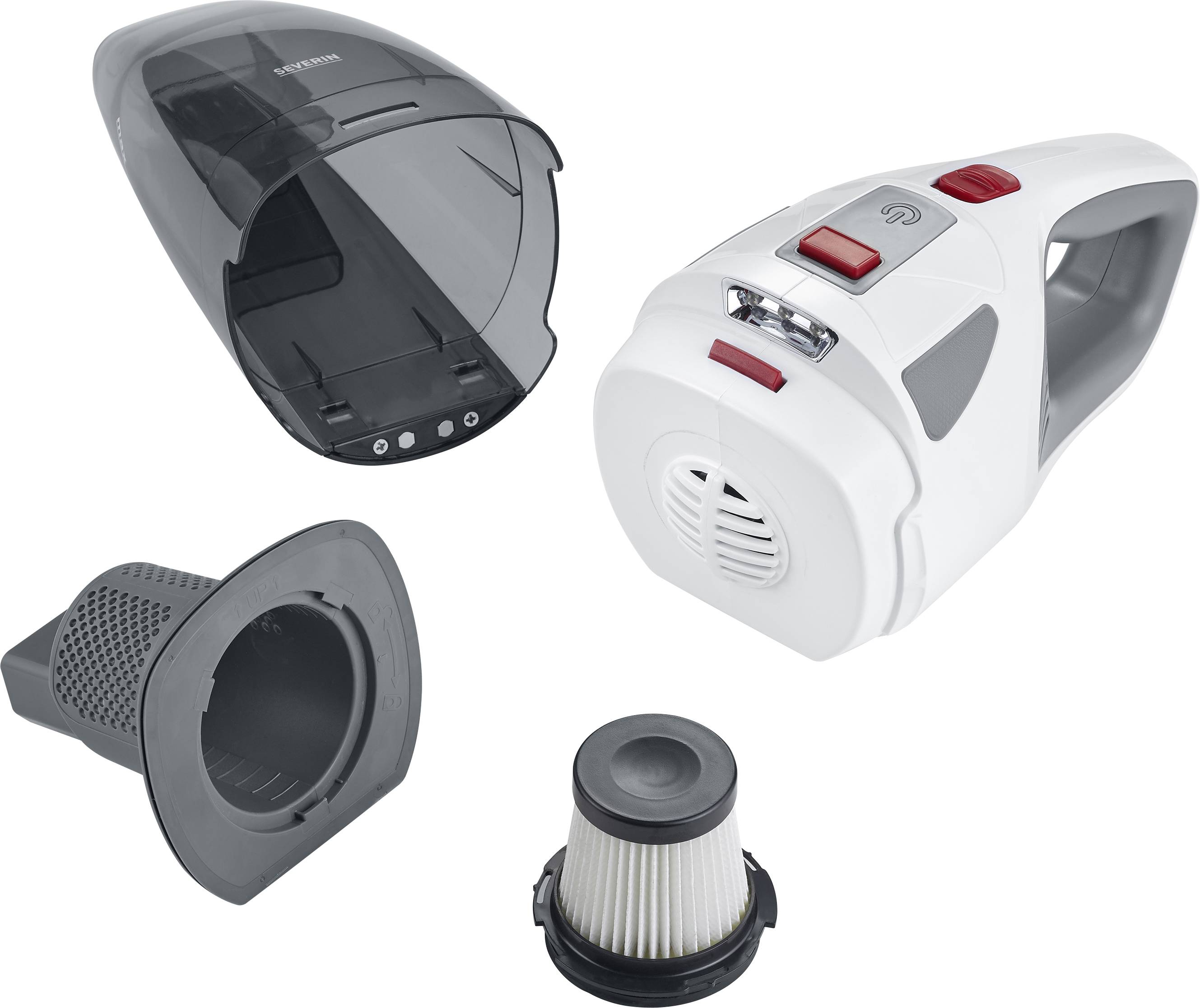 Ein tragbarer Handstaubsauger mit abgenommenem Saugkopf, sichtbarem Motorblock, Filter und Staubbehälter in separaten Teilen.