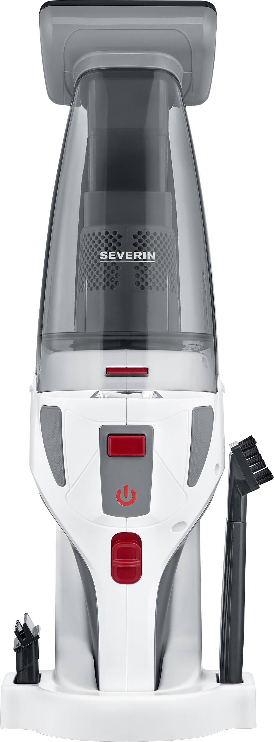 Ein handlicher, grauer und weißer Akku-Staubsauger mit rotem Einschaltknopf. Enthält zwei Düsenaufsätze an der Seite.