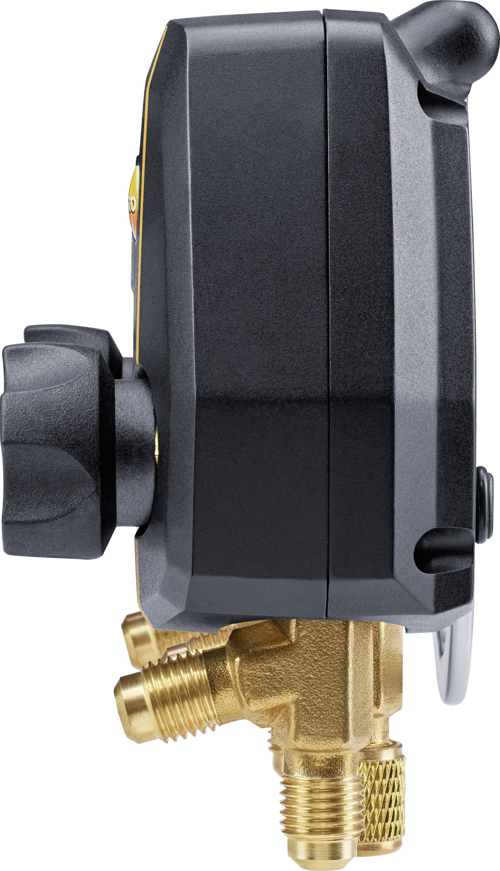 Digitale Armatur Seitenansicht, zeigt schwarze Gehäuseoberfläche und goldene Anschlüsse unten, verwendet für Drucküberwachung.