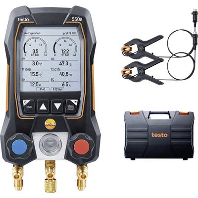 Digitale Manifold-Gauge für Kältetechnik von Testo, Modell 550s, mit Zubehör: zwei Sensoren und Transportkoffer. Anzeigen von Druck und Temperatur.