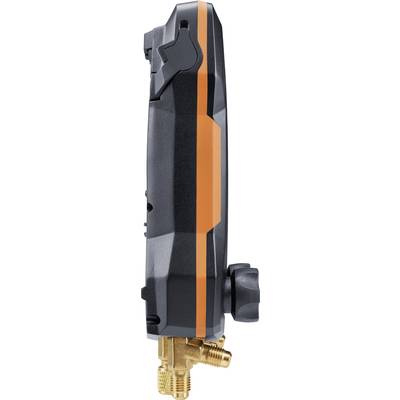 Ein digitales, handgehaltenes Heizungs- und Klimainstrument mit einem orangefarbenen Streifen und mehreren goldenen Anschlüssen.