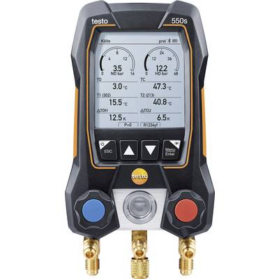 Digitale Manometeranzeige mit Messwerten: ND 3,5 bar, HD 12,2 bar, T1 15,5 °C, T2 40,8 °C. Vier Ventile unten sichtbar.