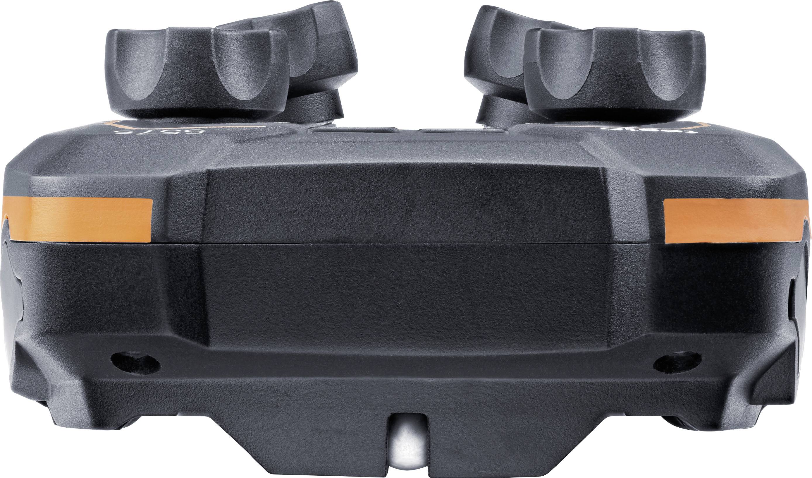 Schwarzer Steuer-Stick-Controller mit orangen Akzenten, Ansicht von vorne. Zwei Steuerknüppel oben sichtbar.