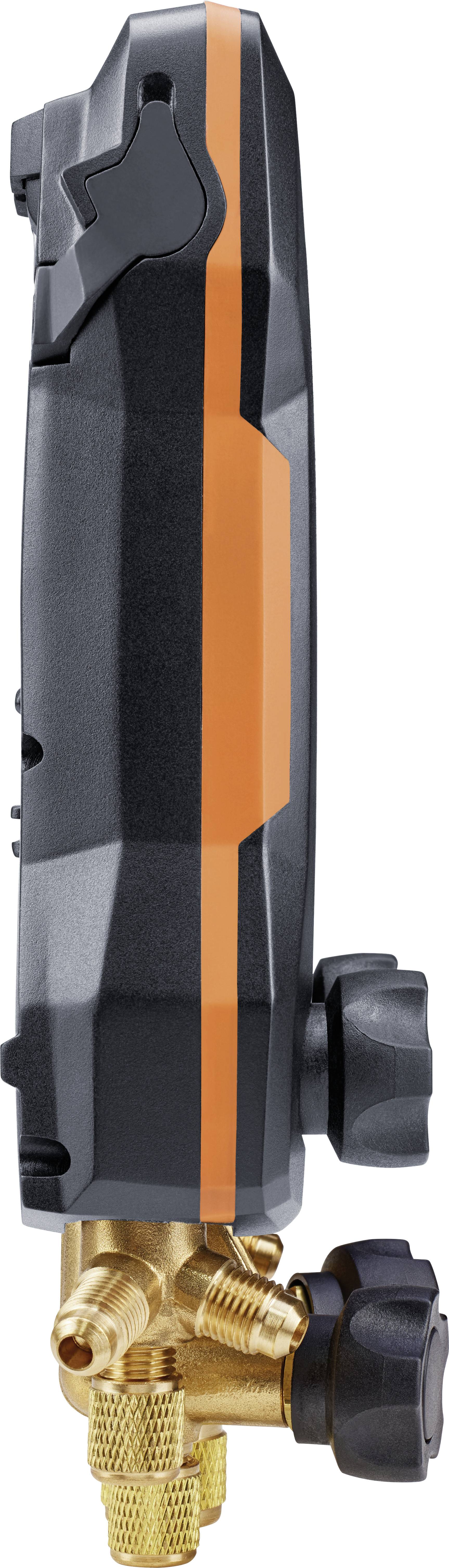 Produktbild eines Seitenprofils von einem digitalen Messgerät mit Gehäuse in Schwarz und Orange, unterem Messanschluss aus Messing.