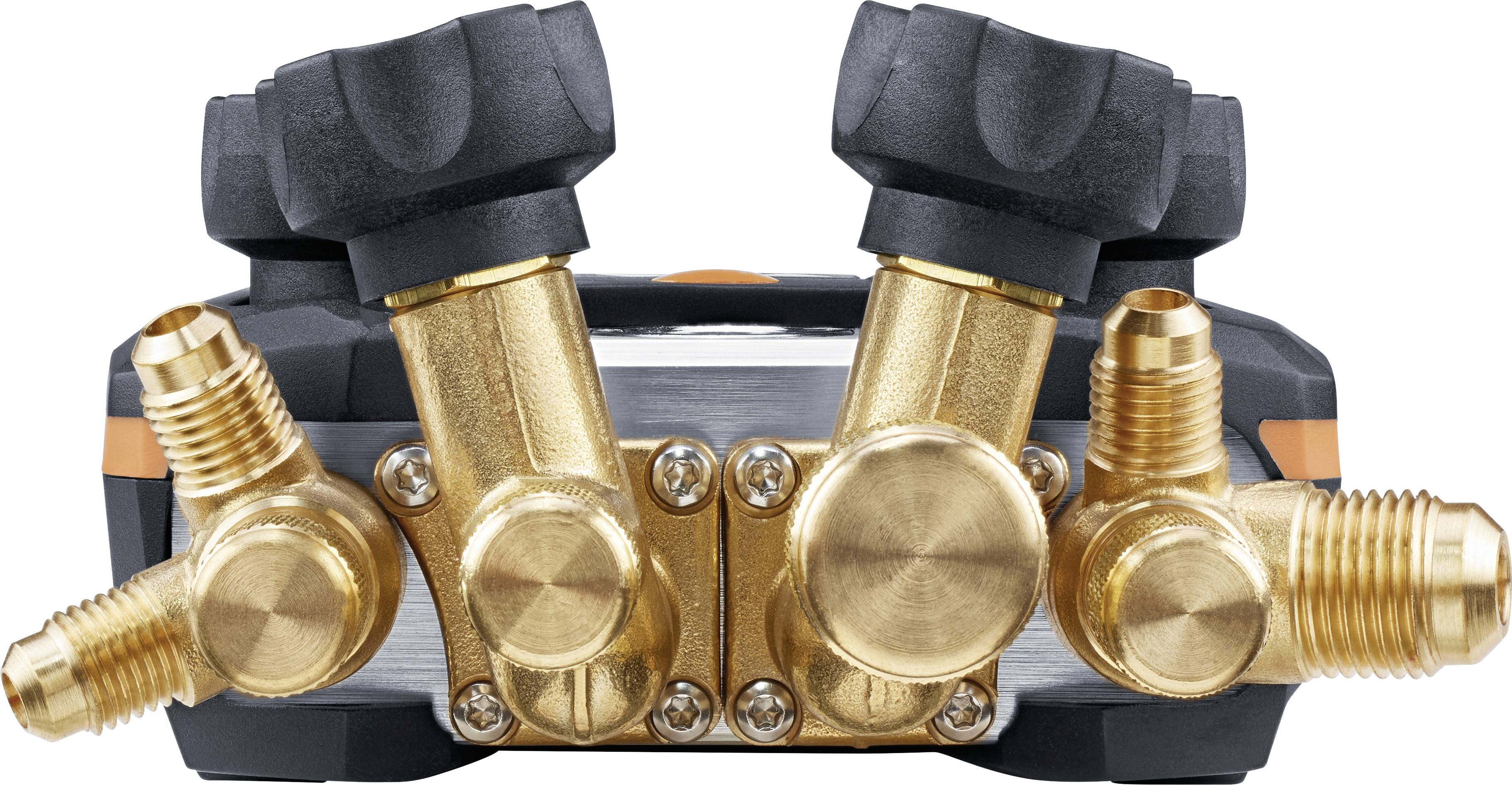 Zweifach-Messingventil mit schwarzen Griffen und mehreren Anschlüssen, dient zur Steuerung von Flüssigkeits- oder Gasströmungen.