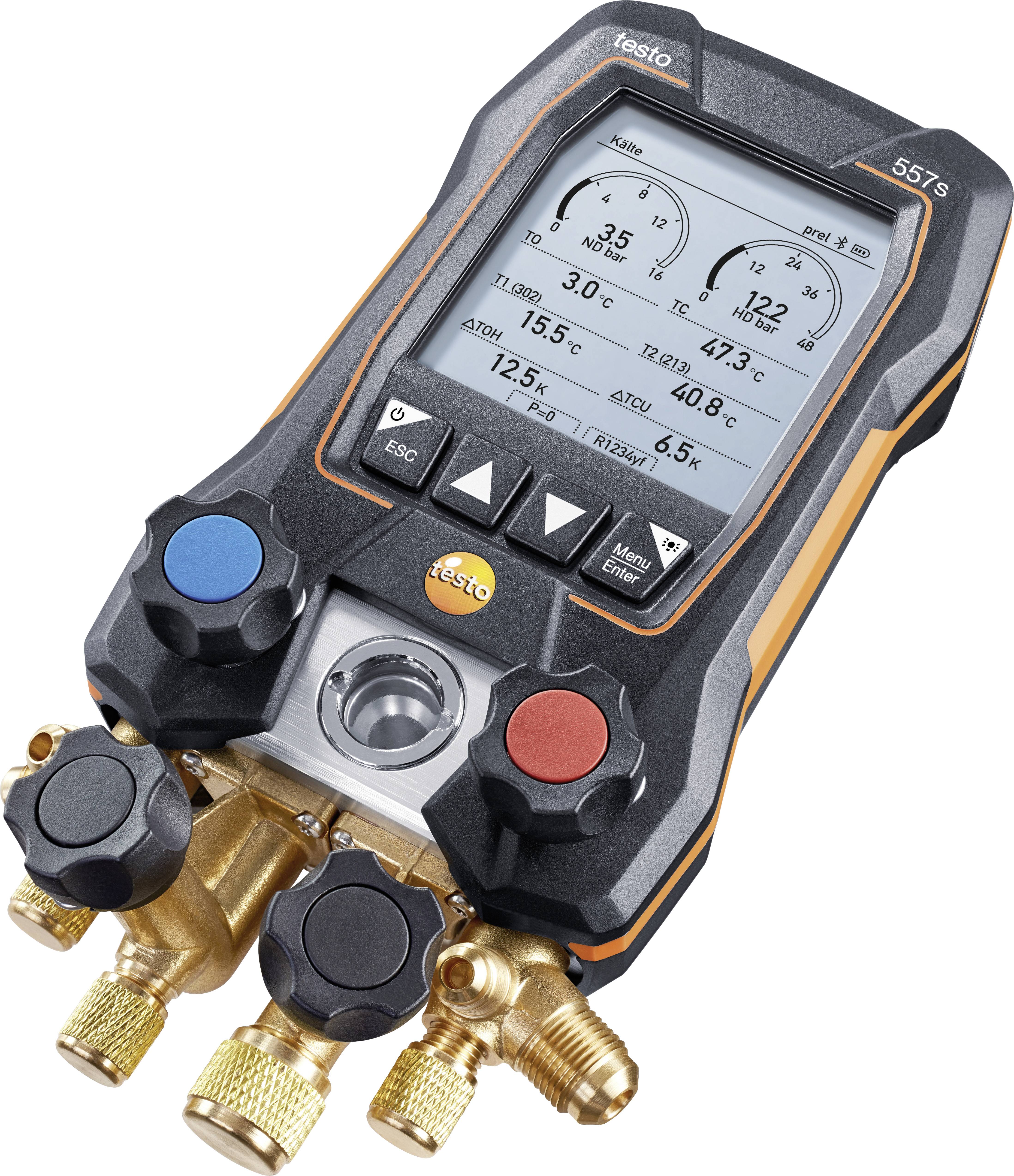 Digitales Manometer mit Bildschirm, zeigt Druck- und Temperaturwerte. Drei Ventile und Anschlussstücke, orange-schwarzes Gehäuse.