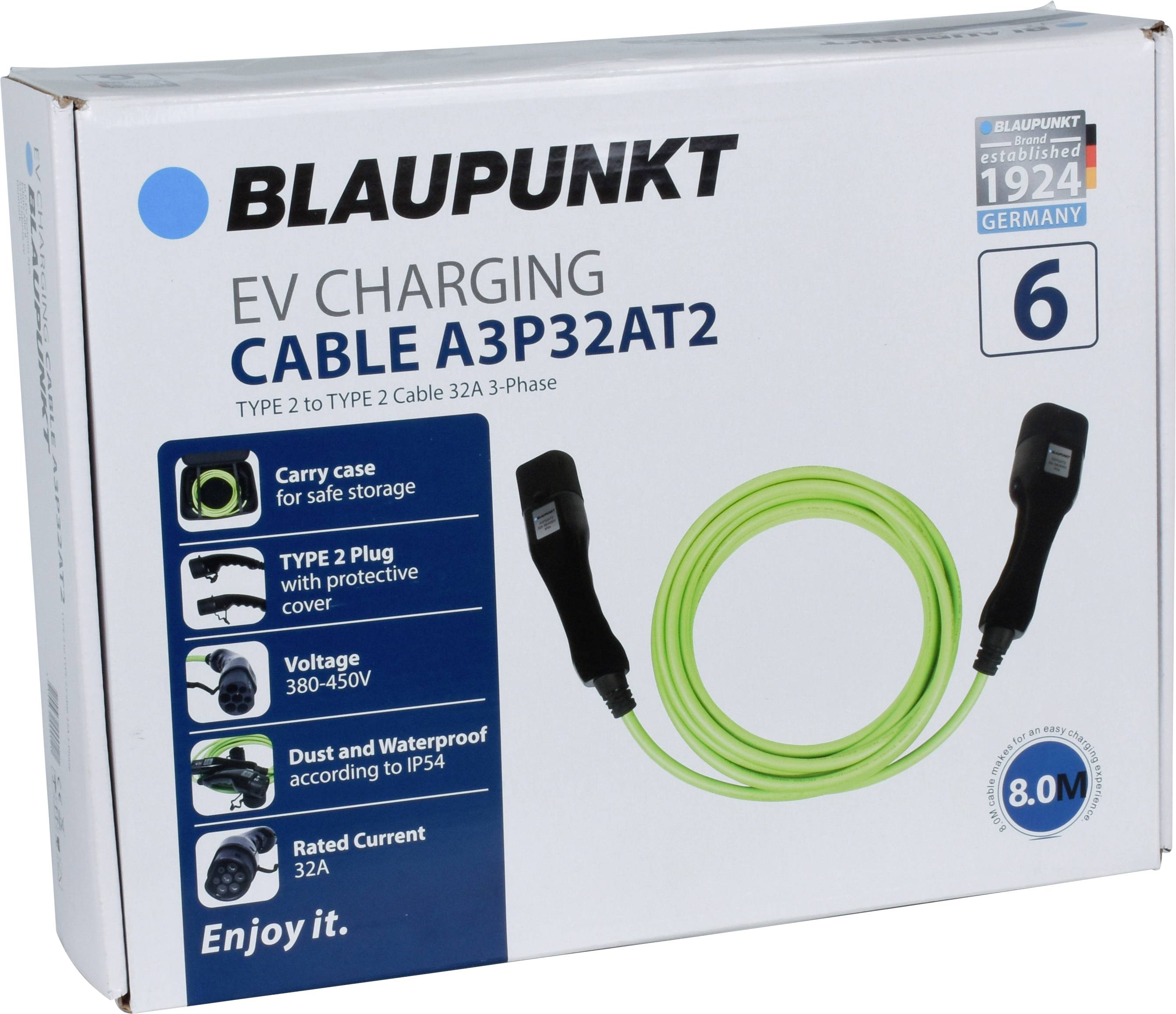 Ladegerät-Verpackung: 'BLAUPUNKT EV Charging Cable A3P32AT2', Typ 2, 32A, dreiphasig, Länge 8m, spannungsfest 380-450V, IP54 geschützt.